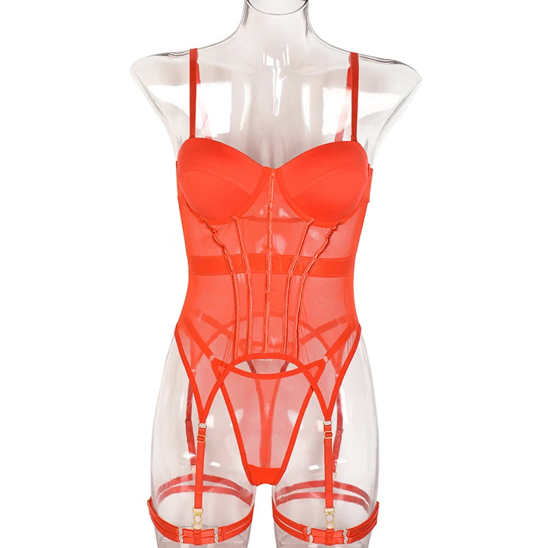 Mesh Lingerie Bodysuit Set – Backless Lace 3 Piece Lingerie for Women