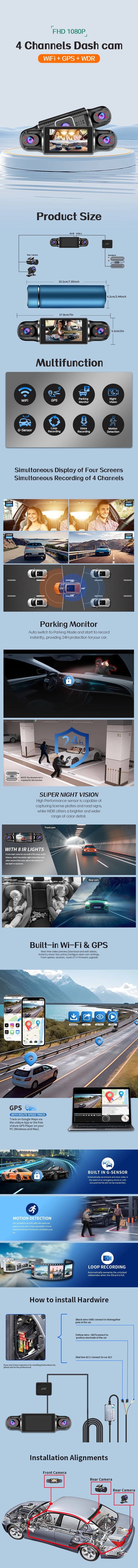 4-Lens 360 Dash Cam – HD WiFi GPS Car Recorder for 24h Parking Monitoring