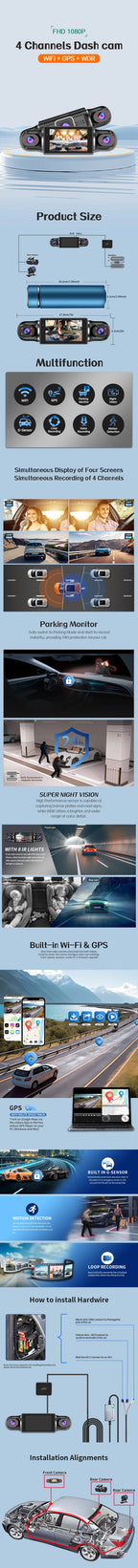4-Lens 360 Dash Cam – HD WiFi GPS Car Recorder for 24h Parking Monitoring