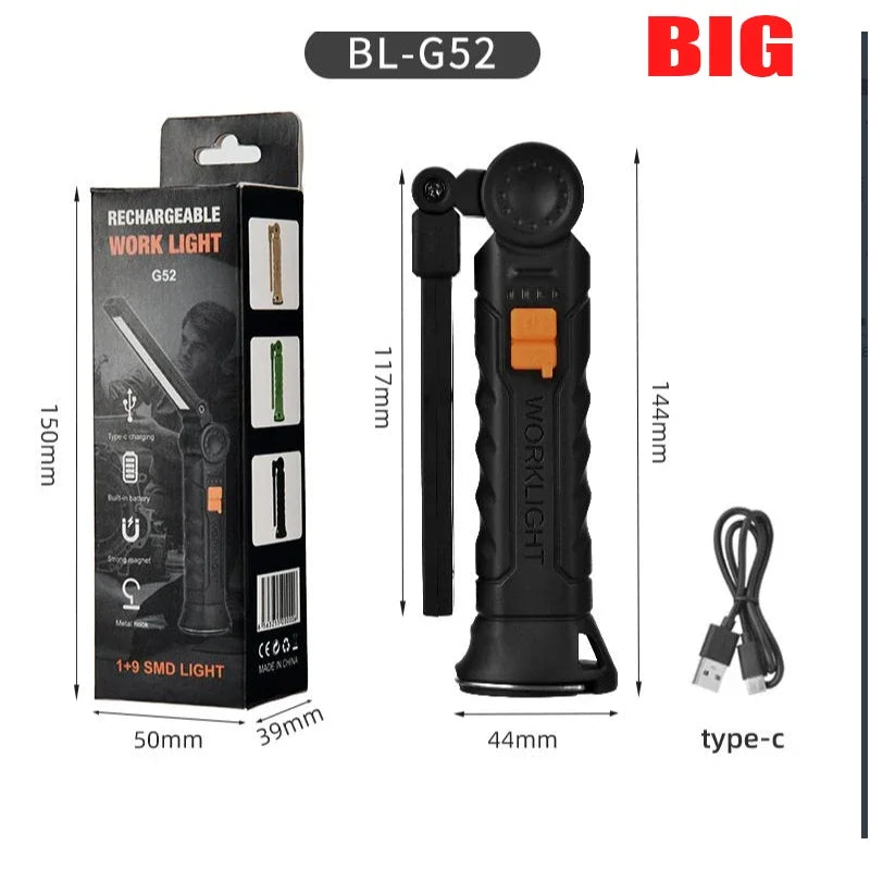 Rechargeable Magnetic Work Light – 360 Rotating Flashlight for Repair Camping