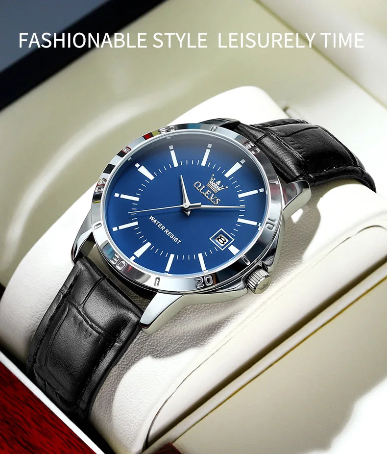 OLEVS Quartz Wristwatch – Leather Strap Classic Date for Men's Business
