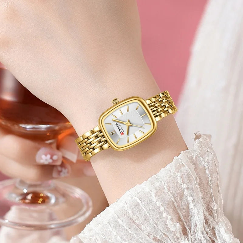 Gold Stainless Steel Quartz Watch – Elegant Square Dial for Business Fashion