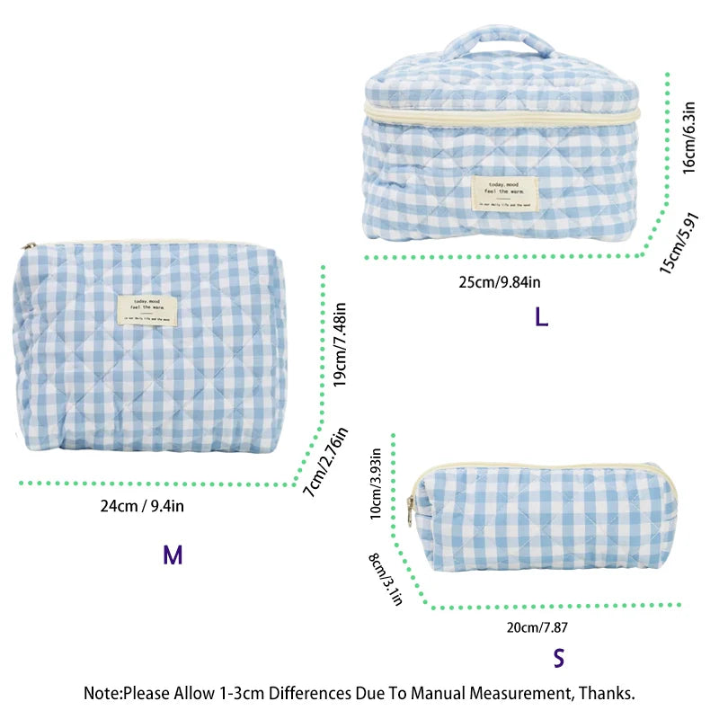 Large Checkered Cotton Cosmetic Bag – Plaid Travel Toiletry Organizer for Women
