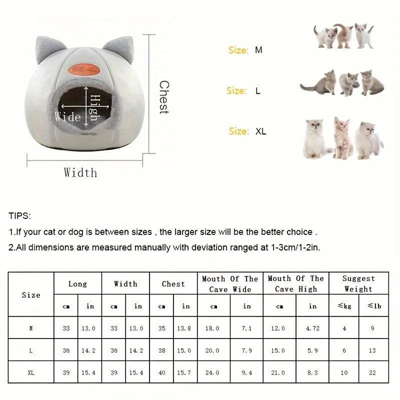 Plush Cat Shape Bed – Semi-Closed Warm Cave for Pet Sleeping