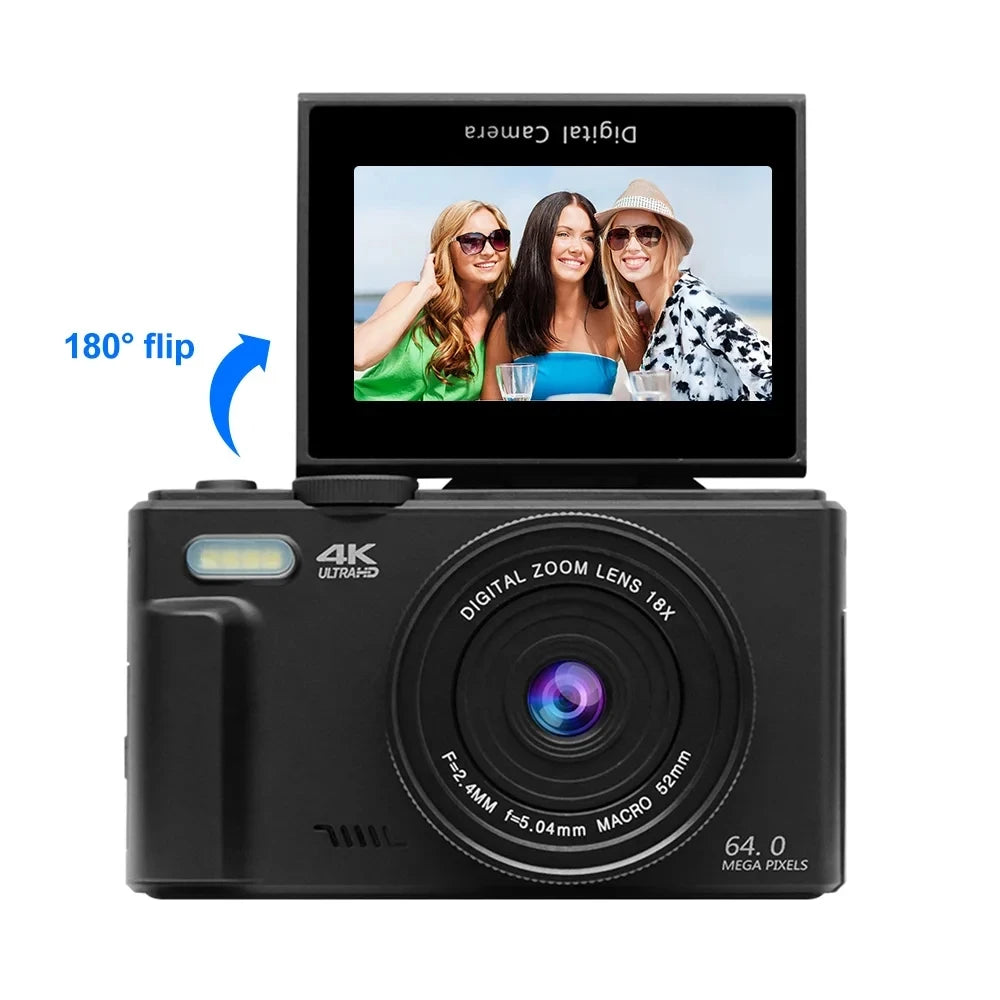 4K Digital Camera – 64MP Vlogging Compact with Flip Screen for Photography
