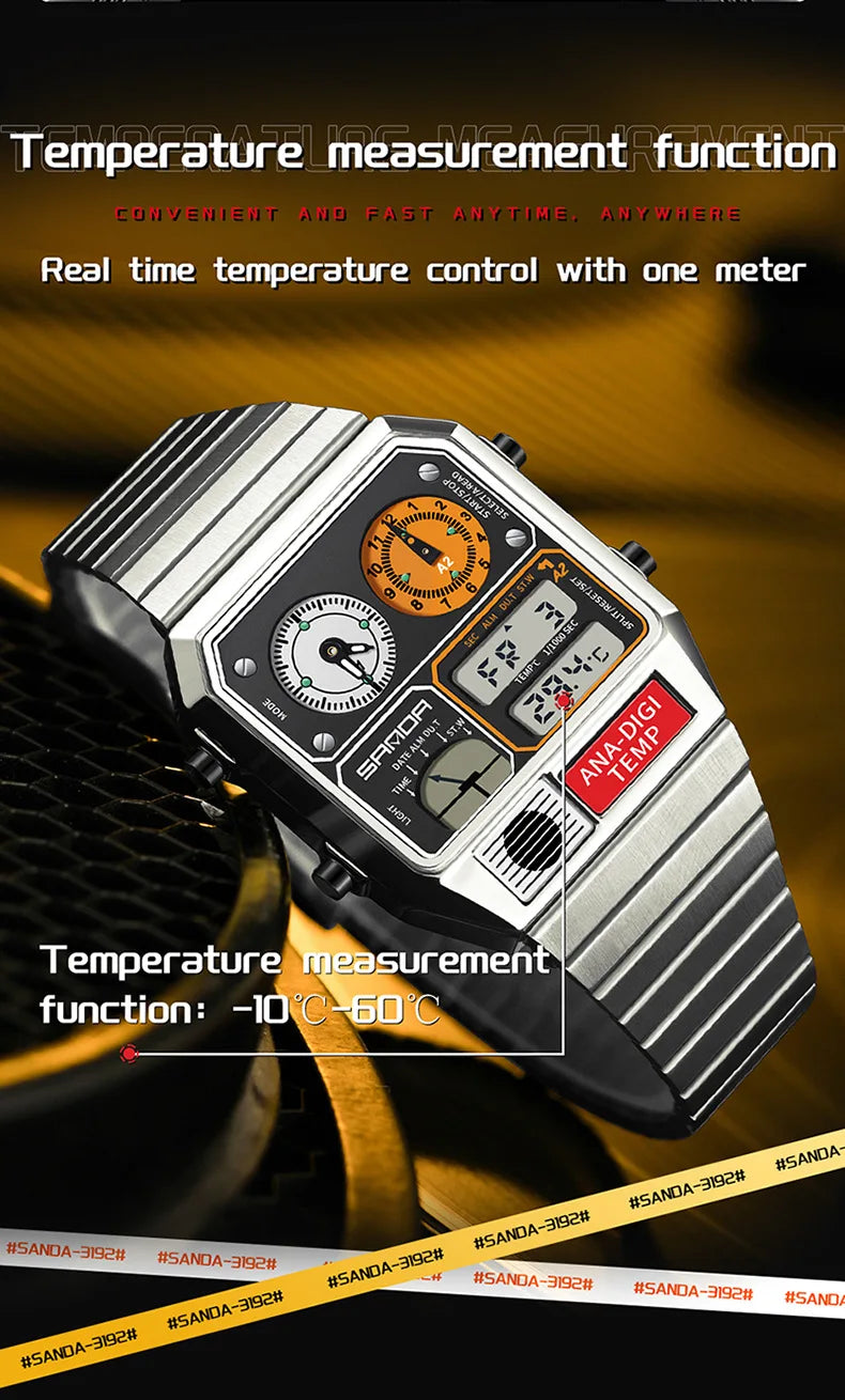 Square Stainless Steel Digital Watch – Temperature Gauge for Men's Sports