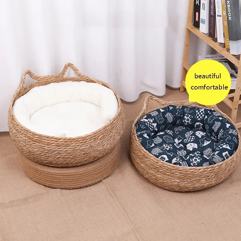 Handmade Woven Vine Cat Bed – Washable Seasonal Pet Nest for Winter Comfort