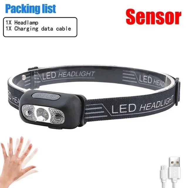 USB Rechargeable LED Headlamp – Motion Sensor Flashlight for Outdoor Camping