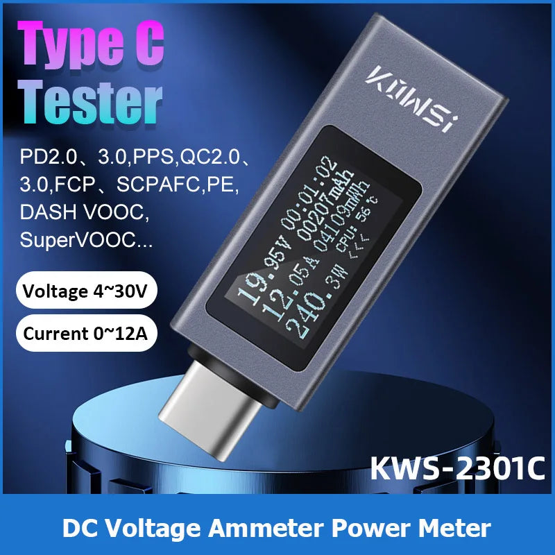 Digital USB-C Power Tester – Voltage and Current Monitor for Battery Testing