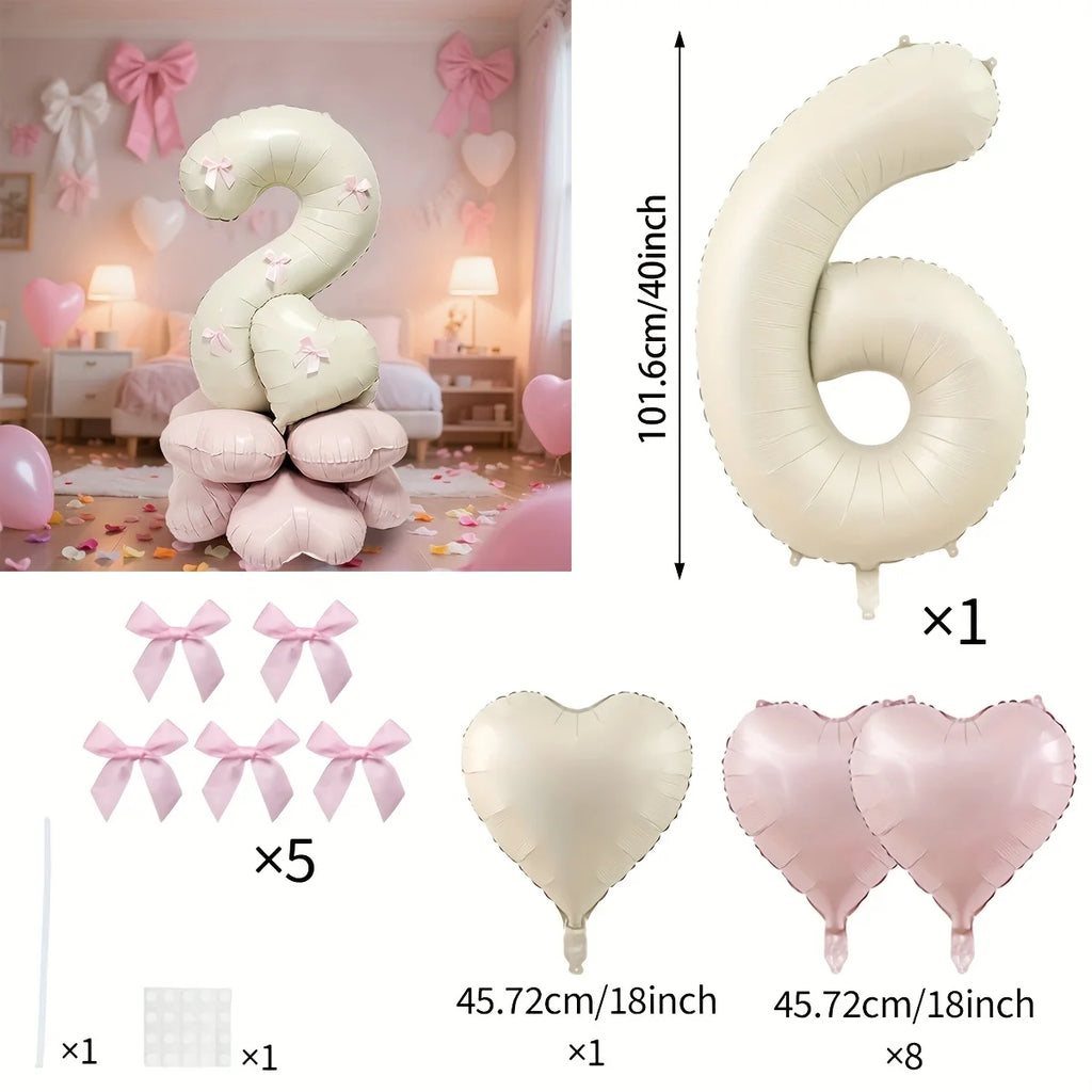 40-Inch Cream White Number Balloon Set – Heart Foil Decor for Kids Birthday