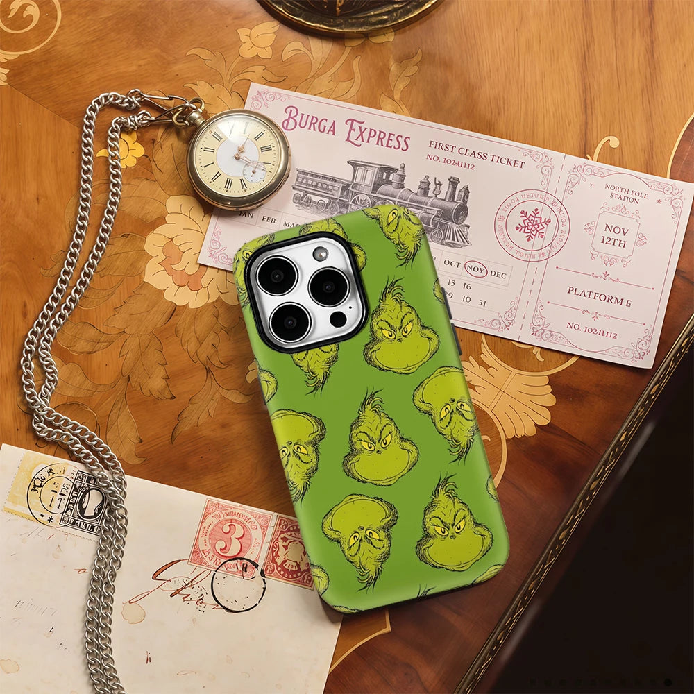 Grinch Face Phone Case – Double-Layer Protective Cover for Christmas