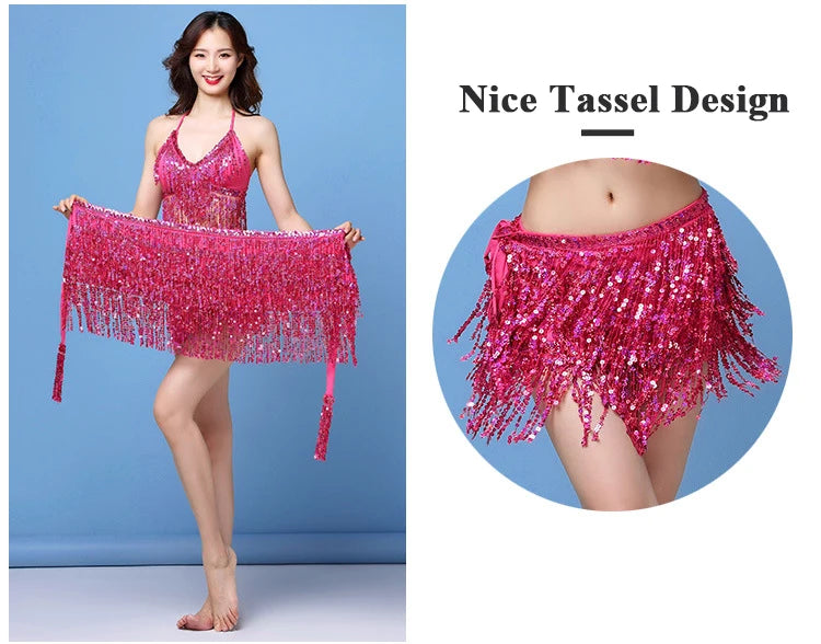 Woman wearing a pink sequin tassel dance skirt, closeup of sparkling tassel design