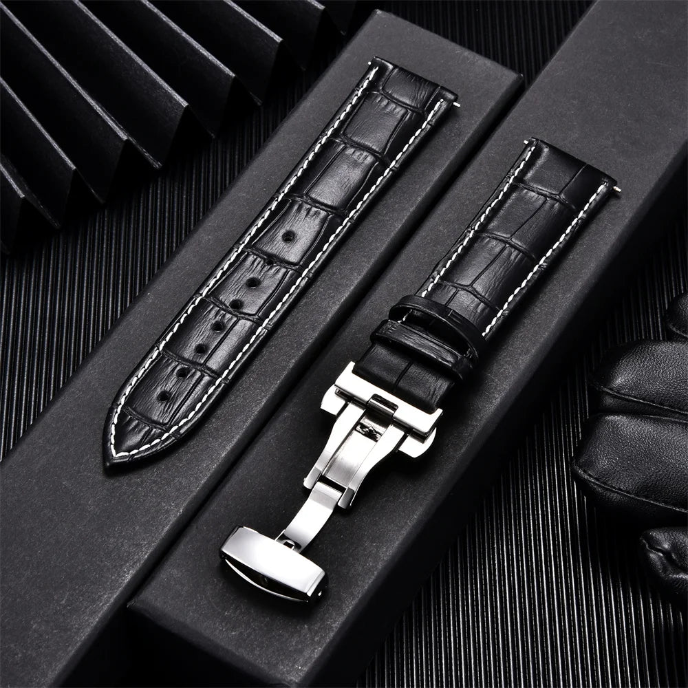 Genuine Calfskin Leather Watch Strap – Butterfly Buckle for Business