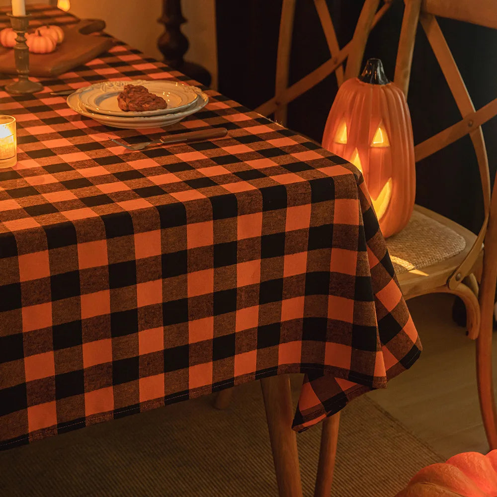 Orange Black Checkered Polyester Tablecloth – Festive Halloween Dining Decor