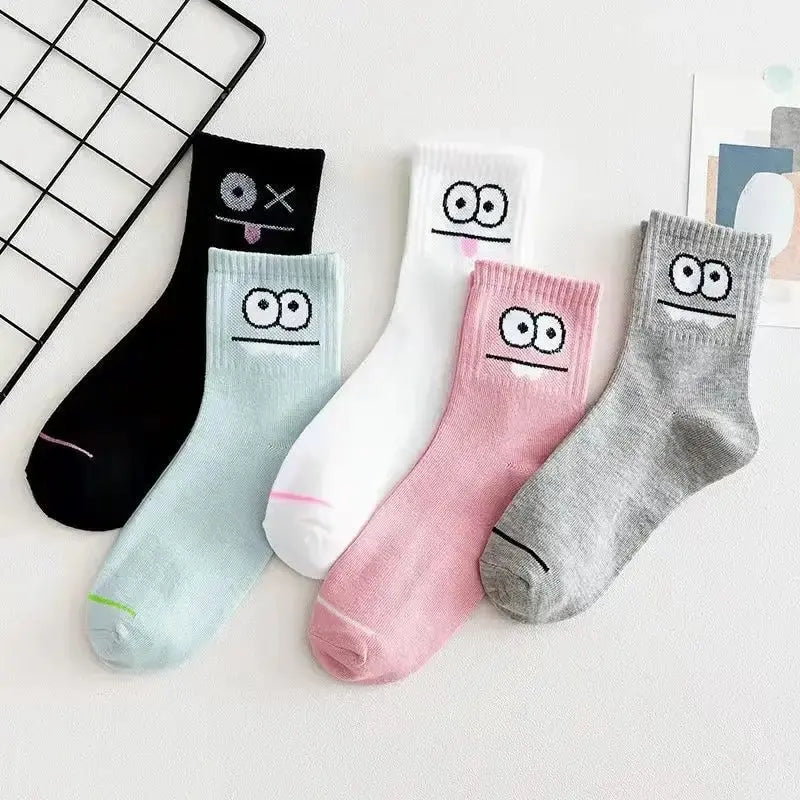 Cute Expression Print Mid Tube Socks – Comfy Cotton Hosiery for Women