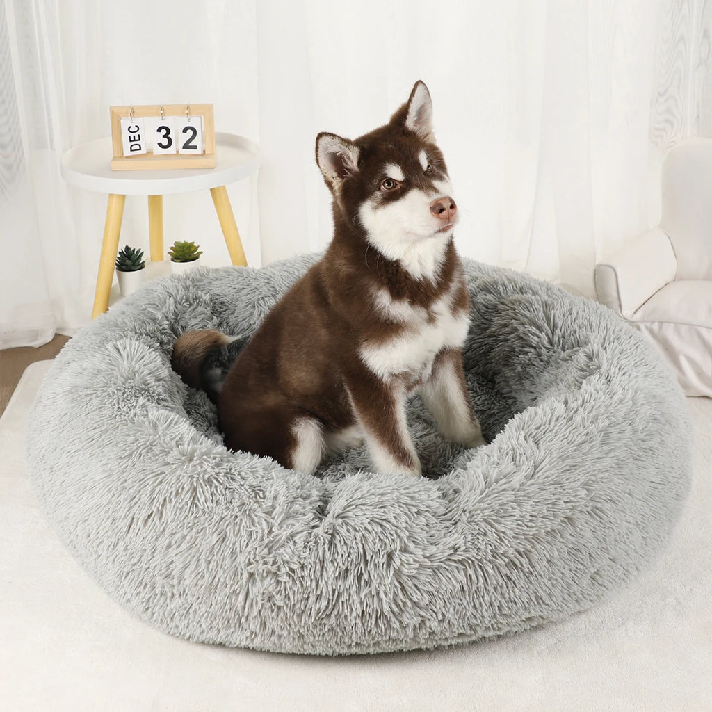 Plush Donut Dog Bed – Large Round Fluffy Kennel for Winter Pet Comfort