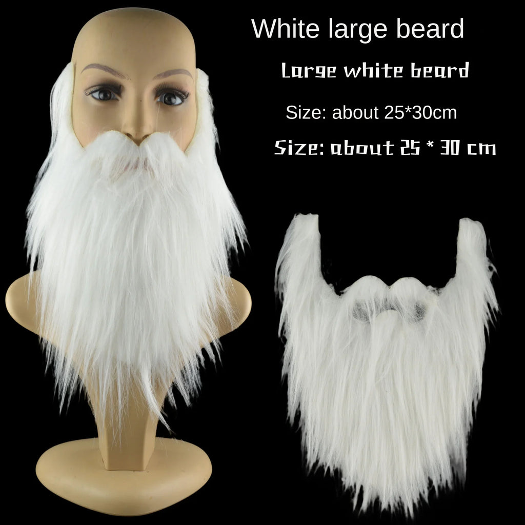 Large white fake beard for costumes, displayed on mannequin and separately, 25x30 cm size
