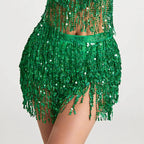Green sequin fringe skirt with beaded tassels, festive party or dance outfit