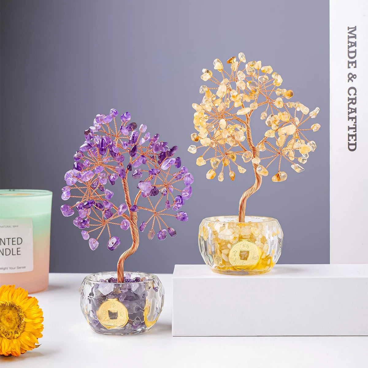 Natural Crystal Tree of Life Ornament – Crushed Stone Decor for Home Office