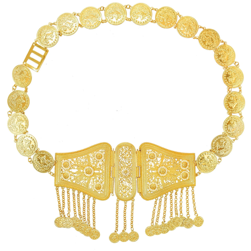 Ornate gold coin belt with filigree details and dangling coin charms, traditional accessory