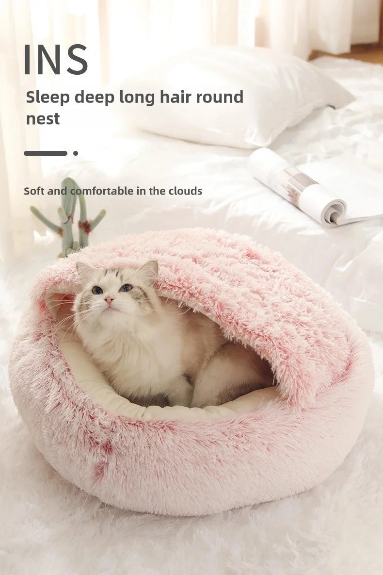 Semi-Enclosed Plush Pet Bed – Warm Winter Shell Nest for Cats and Small Dogs