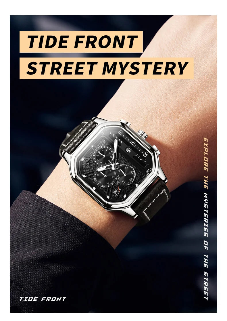 Square Leather Chronograph Watch – Waterproof Quartz Timepiece for Men