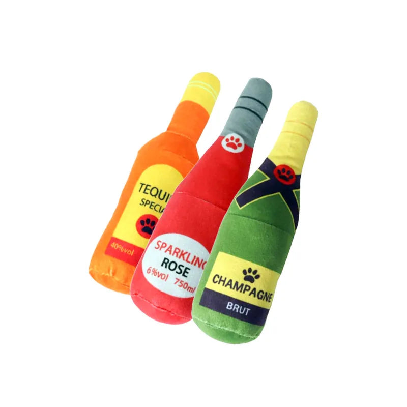 Plush Beer Bottle Dog Toy – Squeaky Chew Toy for Interactive Play