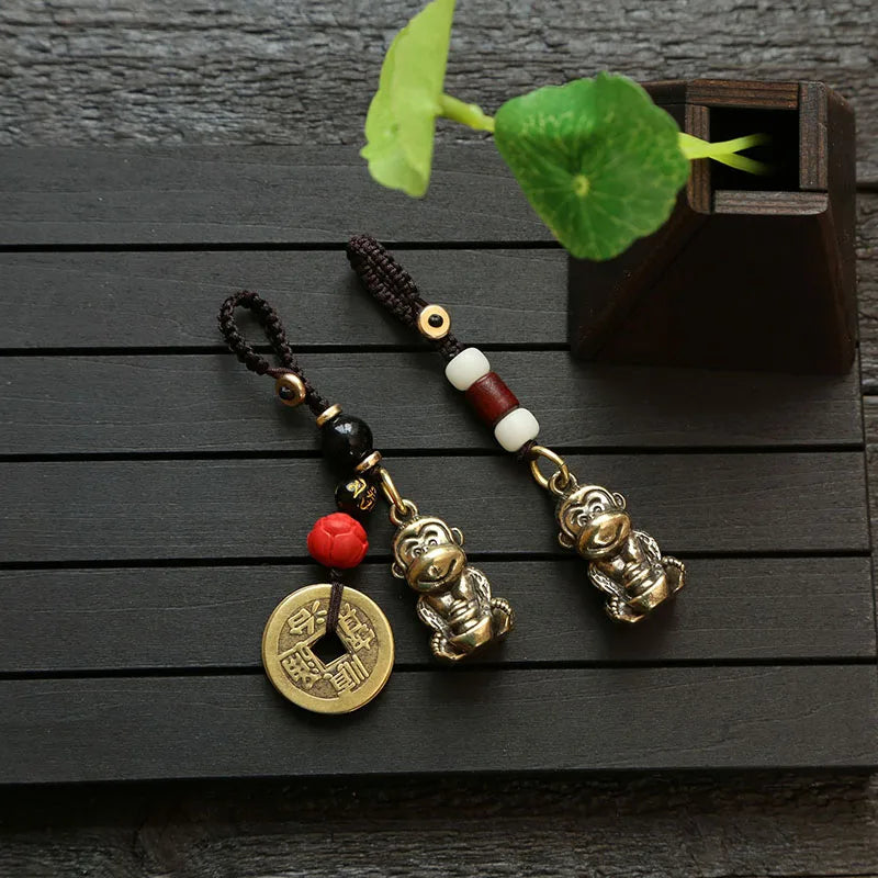 Brass Monkey Key Ring – Feng Shui Lucky Coin Charm for Car Keychain Decor