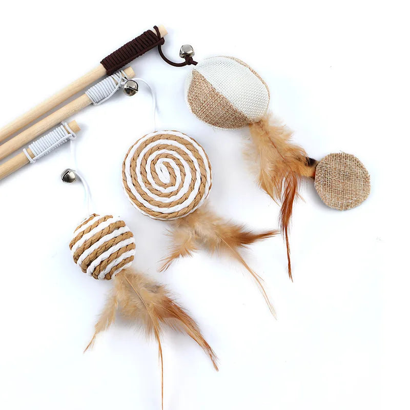 Colorful Feather Wand Toy – Interactive Wooden Rod for Cat Exercise