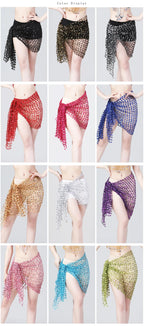 Colorful sequin belly dance hip scarves in various colors displayed on models