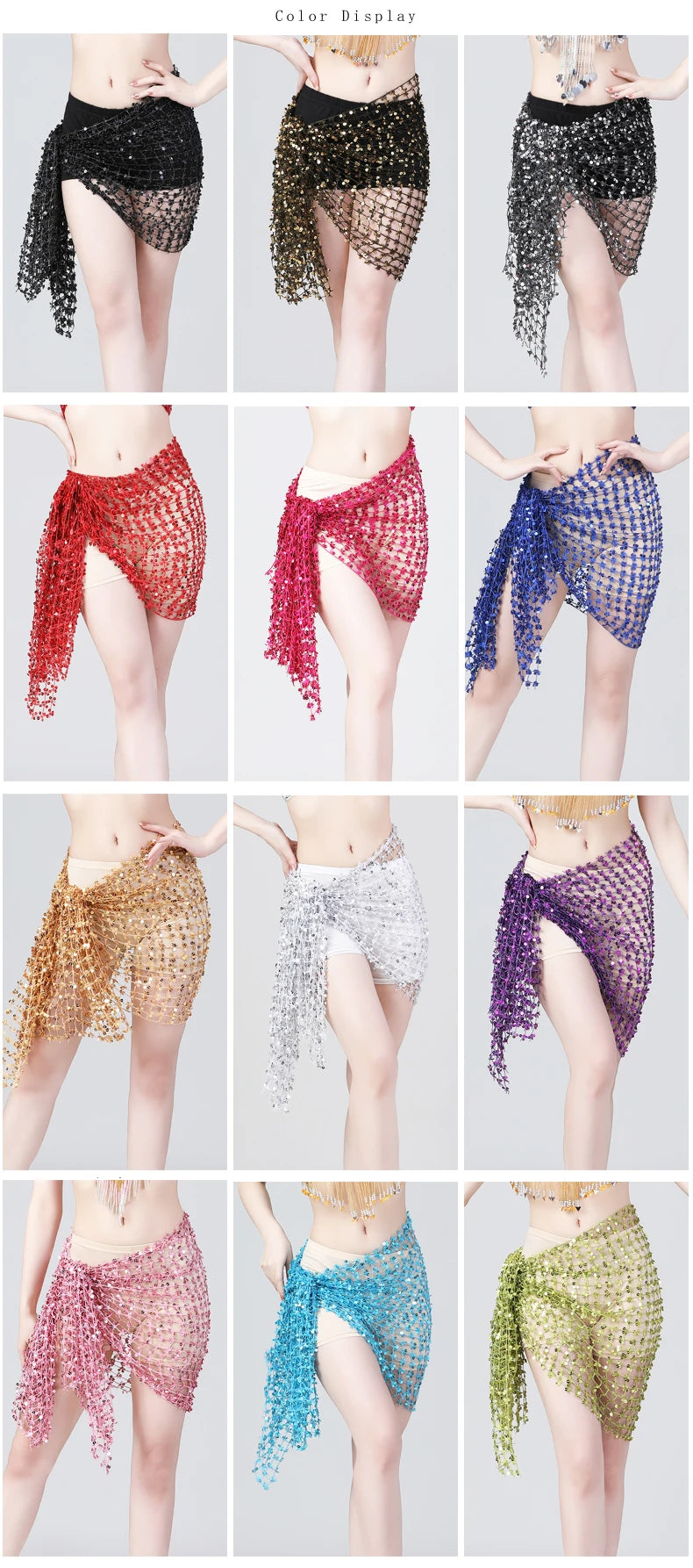 Colorful sequin belly dance hip scarves in various colors displayed on models