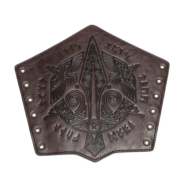 Dark brown leather panel with embossed Norse design, runes and bird motifs, lace-up edges
