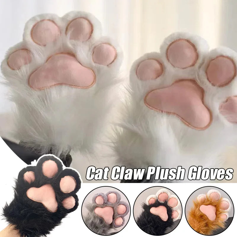 Fluffy cat paw plush gloves in white, black, grey, and brown color options.