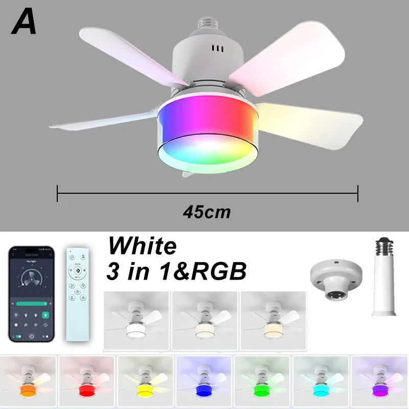 Smart RGB Ceiling Fan – E27 Bluetooth Lamp for Bedroom Decor