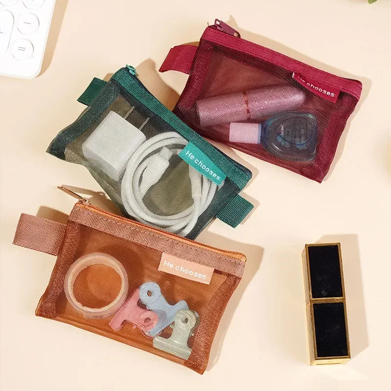 Transparent Mesh Zipper Pouch – Compact Organizer for Travel and Cables