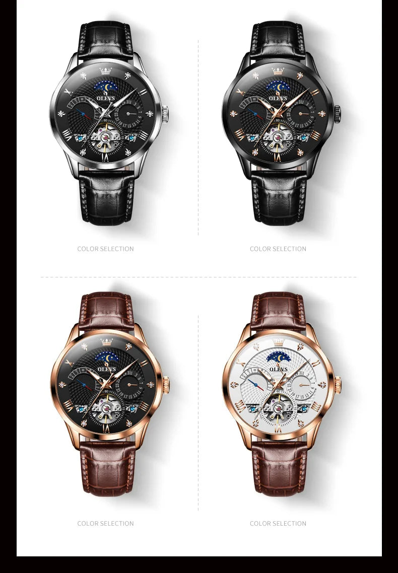 OLEVS Automatic Mechanical Watch – Leather Strap Flywheel for Business Casual
