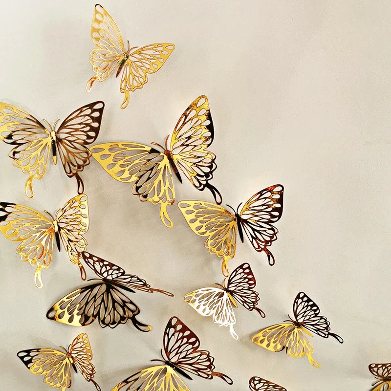 3D Hollow Butterfly Wall Decals – Metallic Gold and Silver Art for Home Decor