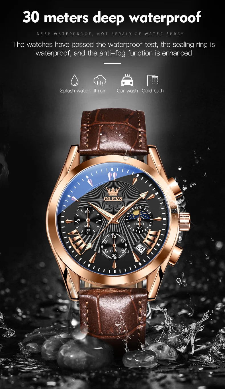 OLEVS Quartz Men's Watch – Luxury Waterproof Leather Wristwatch for Business