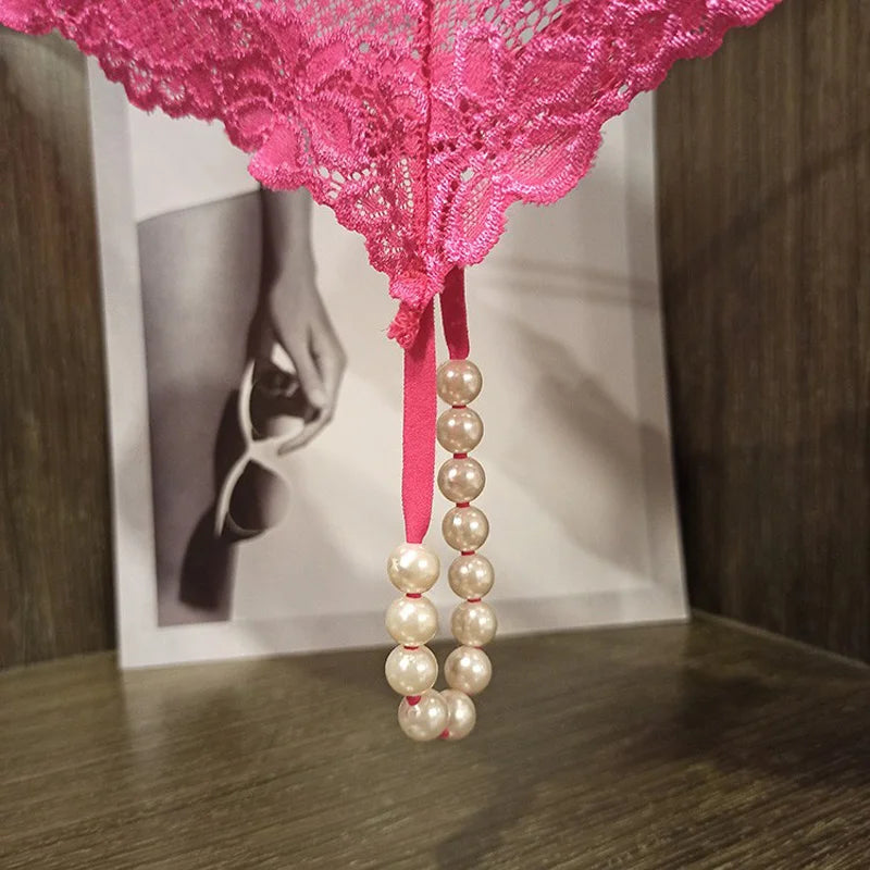 Lace G-String Thong – Pearl Back Bow Details for Sexy Lingerie