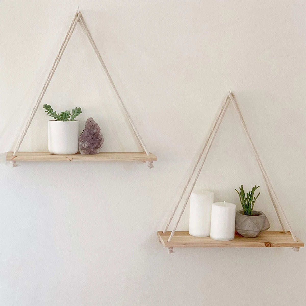 Macrame Hanging Wall Shelf – Reclaimed Wood Triangle Display for Home Decor
