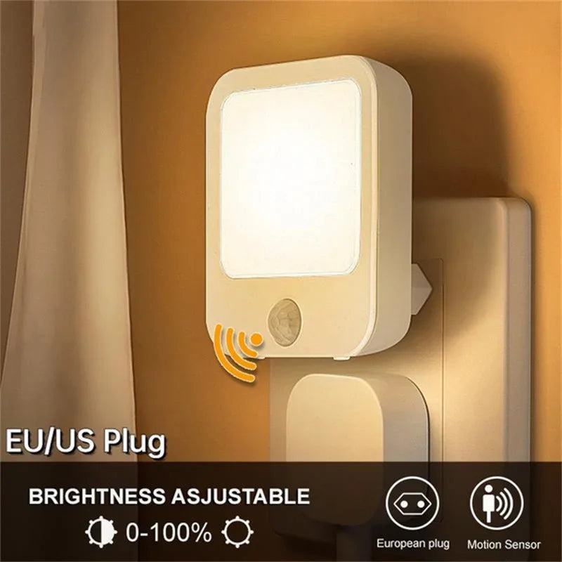 Motion Sensor LED Night Light – Dimmable EU Plug for Bedroom and Corridor