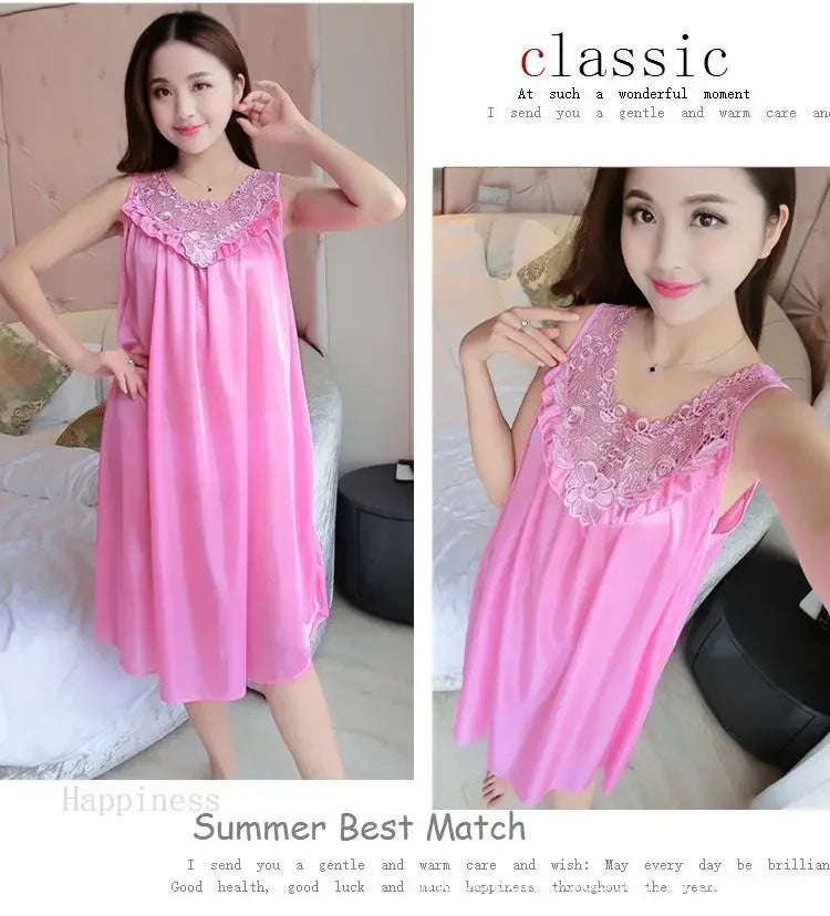 Ice Silk Sleep Dress – Plus Size Women's Tank Nightgown for Summer Housewear