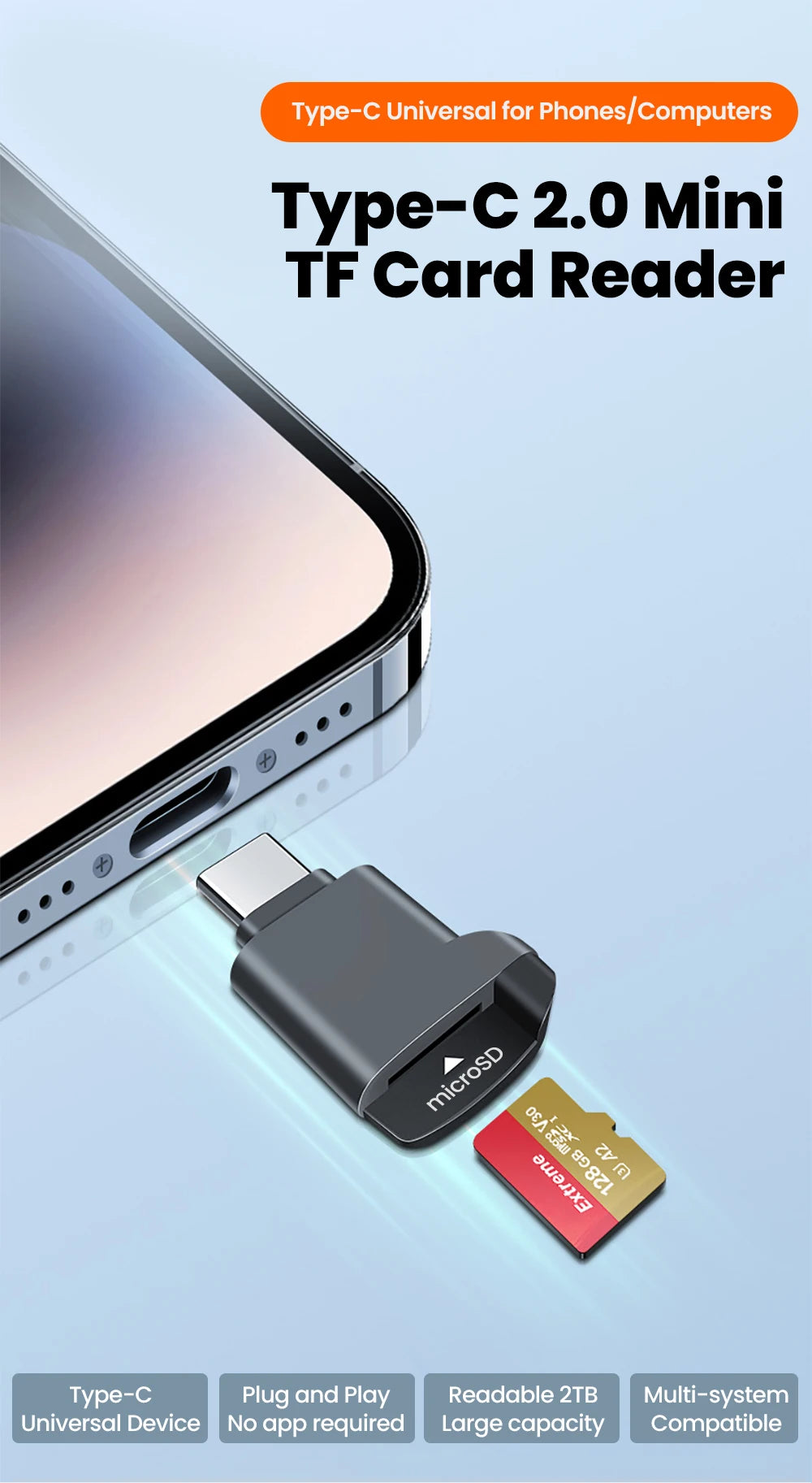 USB-C TF Card Reader – Compact External Storage for Smartphones