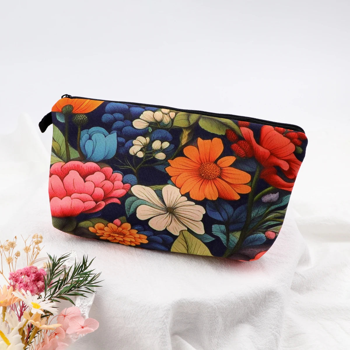 Floral Zipper Makeup Bag – Portable Travel Cosmetic Organizer for Women