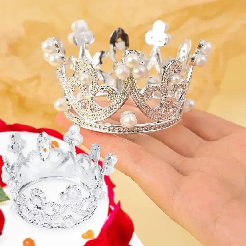 Mini Plastic Crown Topper – Pearl Tiara for Kids Cake and Hair Decoration