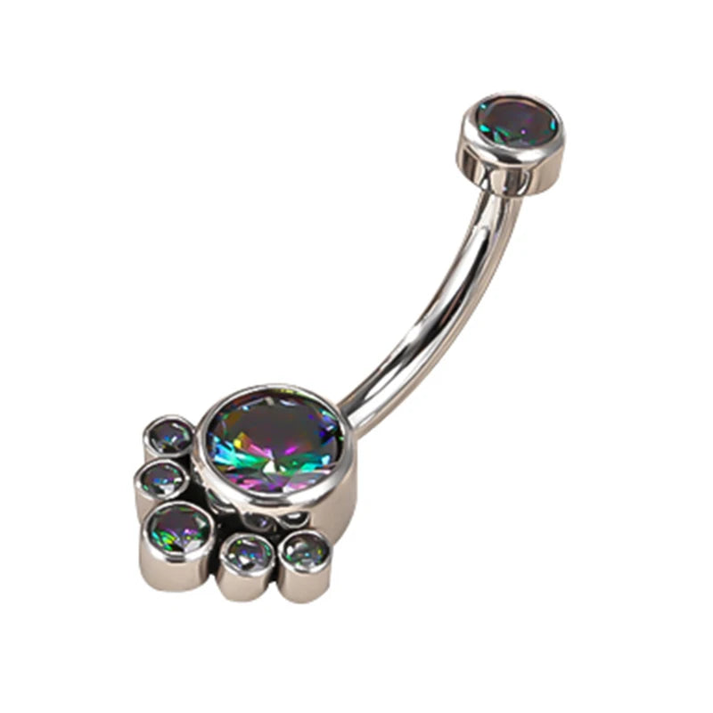 Curved silver belly button ring with iridescent multi-gem paw print design.