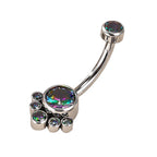 Curved silver belly button ring with iridescent multi-gem paw print design.