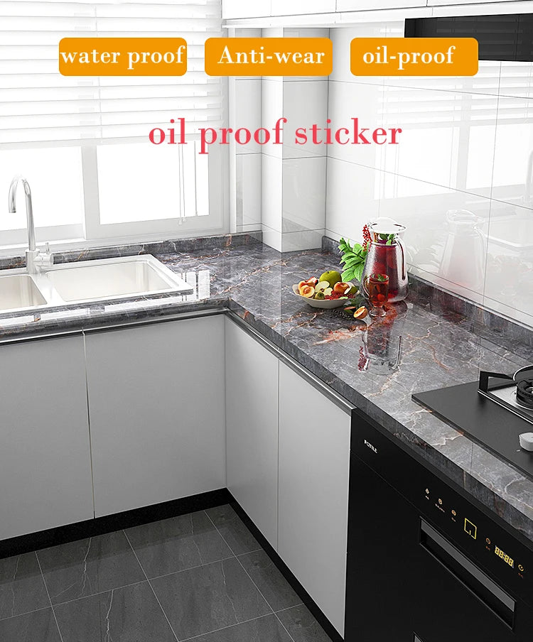 Marble Adhesive Wallpaper – Oil-Proof Film for Kitchen Countertop Renovation