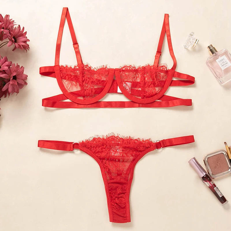 Lace Lingerie Set – Sexy See-Through Push Up Bra and Thong for Women