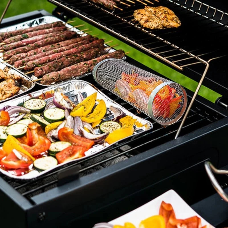 Stainless Steel Rolling Grill Basket – Cylindrical Mesh Rack for BBQ Camping